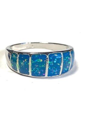 Silver Toned Band With Inlaid Blue Opalescent Mosaic Design Size 9.25 - Gift Box